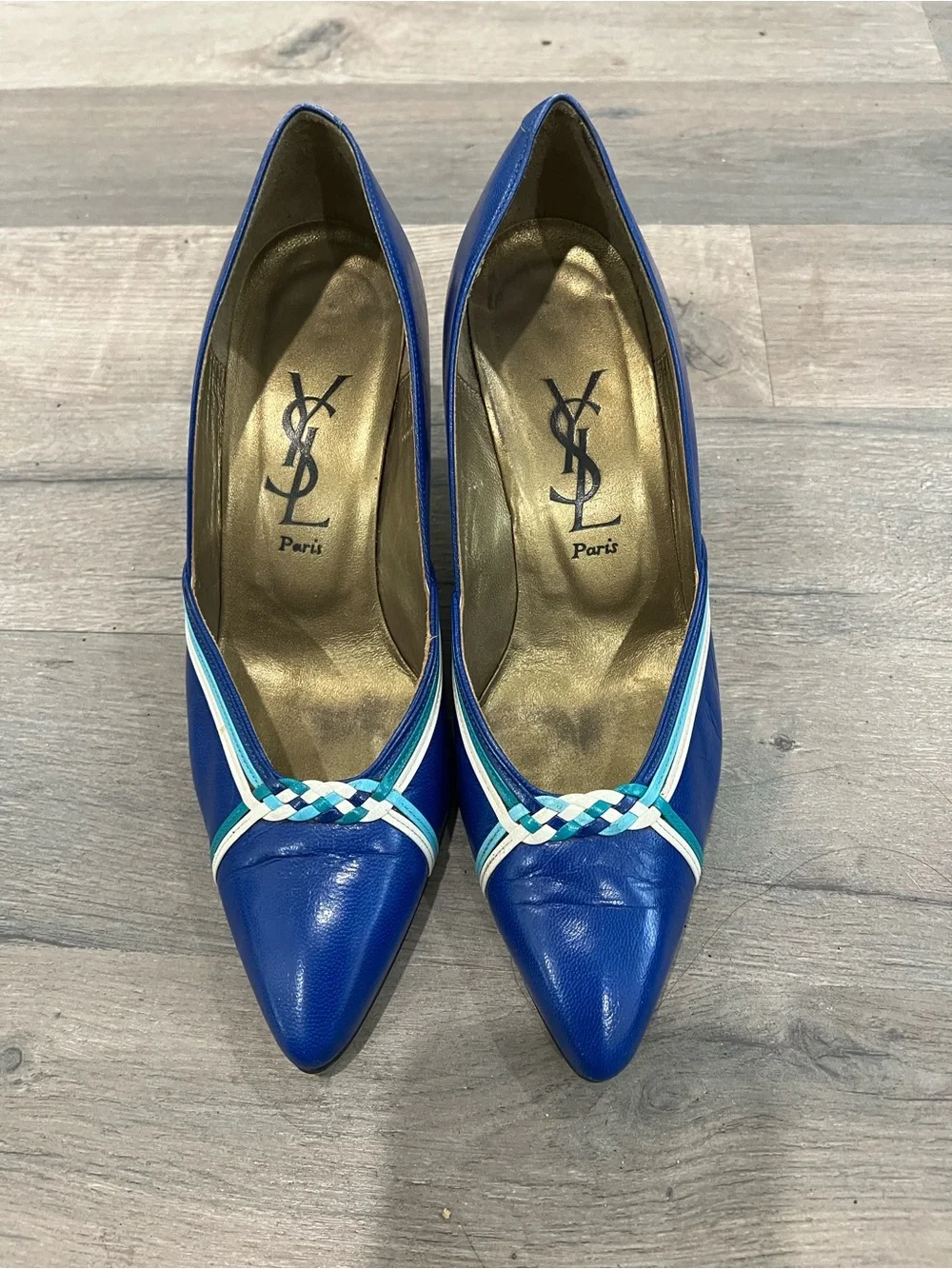 Yves Saint Laurent Cobalt Blue Pointed Leather Pumps with Braided Trim